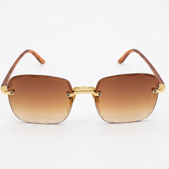 Diamond Cut Rimless Sunglasses | Y2K Brown Gradient Beveled Lenses | NEW - Picture 2 of 6